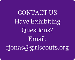Text on a dark purple background saying  CONTACT US  Have Exhibiting Questions  email  rjonas at girl scouts  dot org